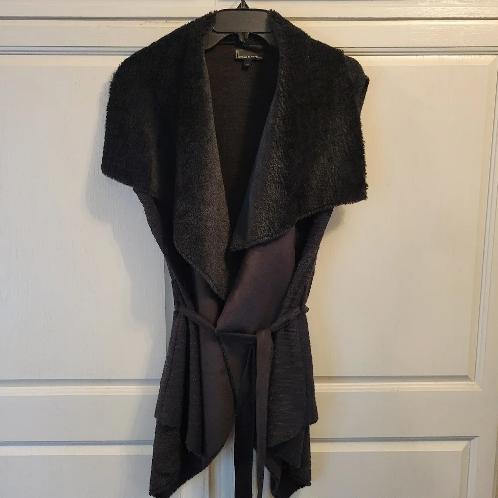 I Jeans by Buffalo Faux Fur Open Front Cardigan Vest with Tie Sash Belt